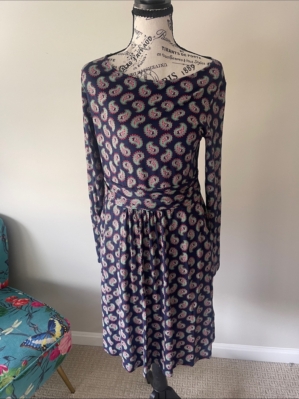 Boden Navy Paisley Long-Sleeve Midi Dress with Teal & Pink Accents